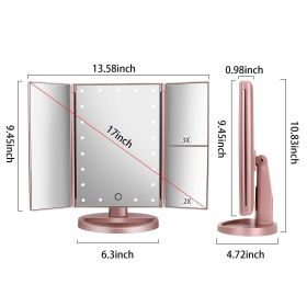 Desktop LED Makeup Three-sided Folding Mirror 2X3X Magnifying Makeup Mirror Dressing Table Mirror Three-fold Mirror With Light (Color: Rose Gold)